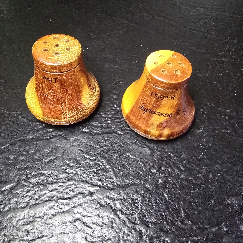 Vintage Miniature Wooden Salt and Pepper Shakers, Syracuse N.Y